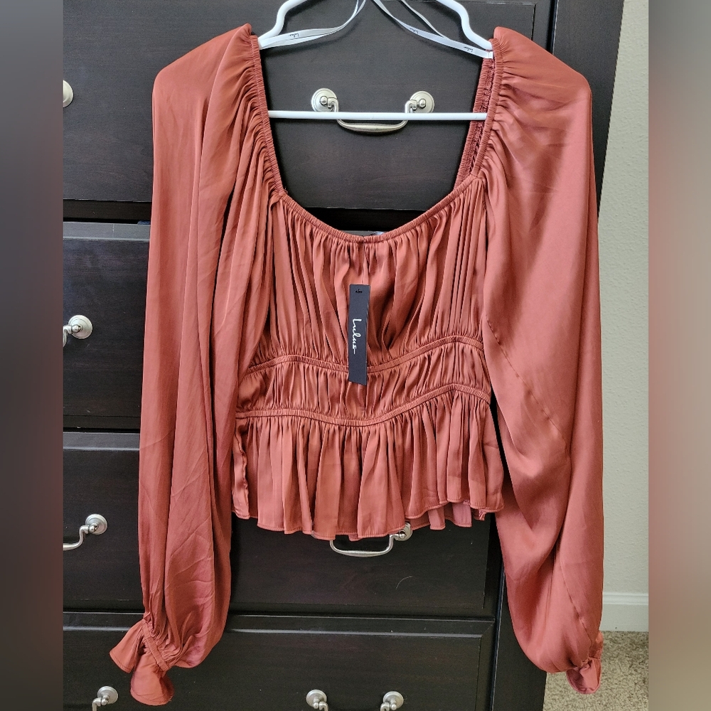 Lulus Satin Ruched Long Sleeve Top - Picture 2 of 3